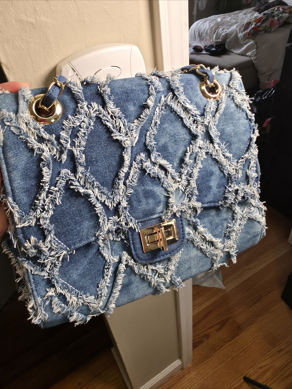 Denim Quilted Chain Shoulder Bag - Blue